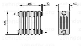 Схема (чертеж) Радиатор Zehnder Charleston 4026/6 №1670 Белый глянцевый RAL 9016